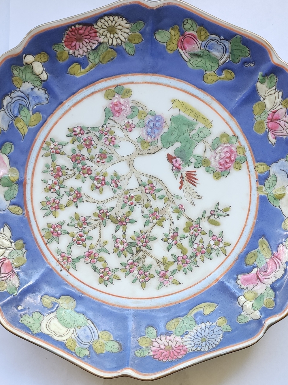 Vintage Hand-Painted Ceramic Decorative Plate in Blue and Pink and Green